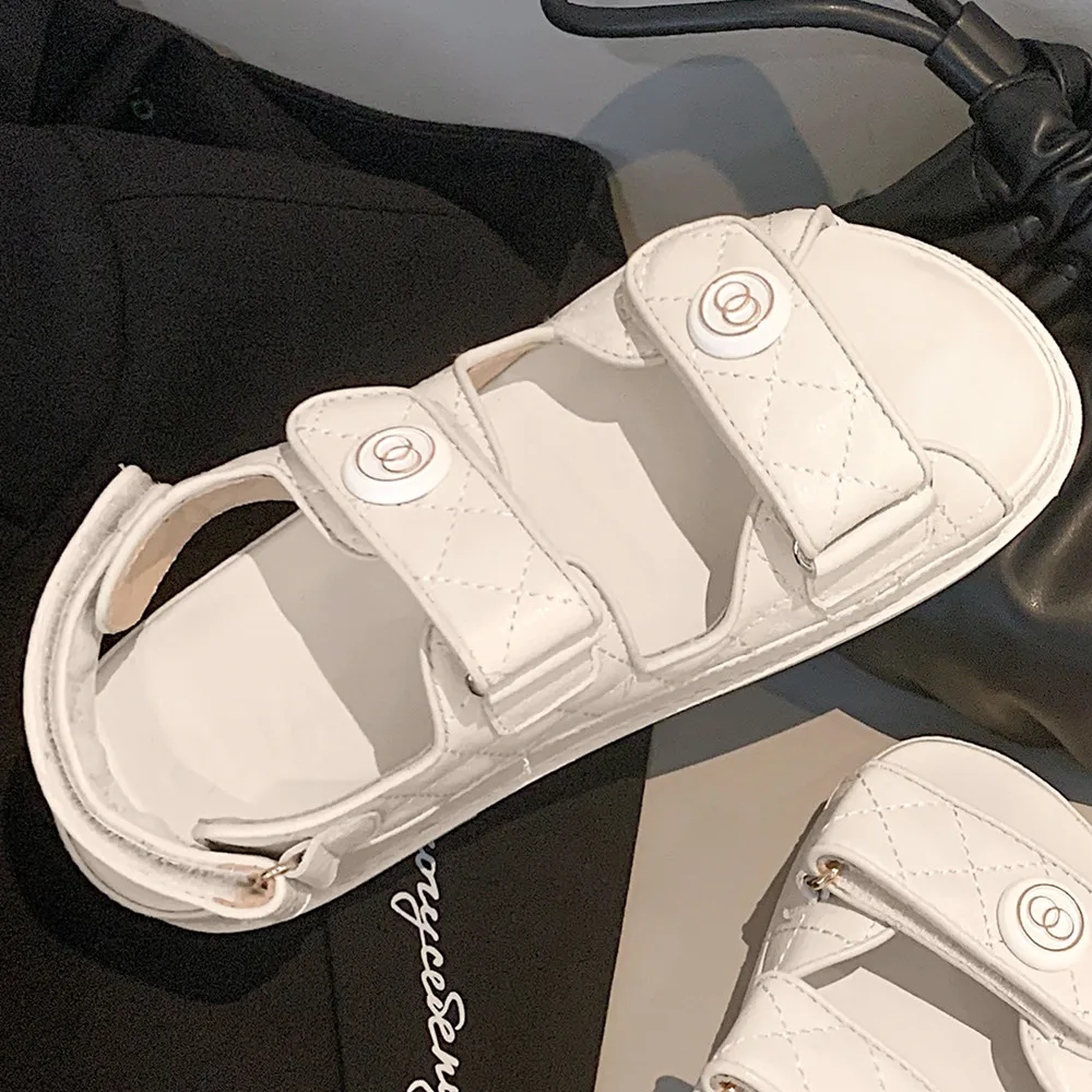 

Women's genuine leather double metal buckle hook&loop platform flats sandals open toe summer casual sandalias shoes for women