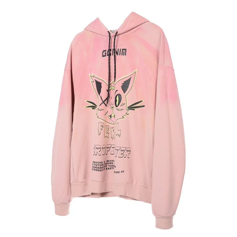 

Fashion Hipster Hip Hop Cartoon Cat Print Contrast Color Hooded Sweatshirts Men Women Casual Loose Cotton Hoodies Pullover Tops