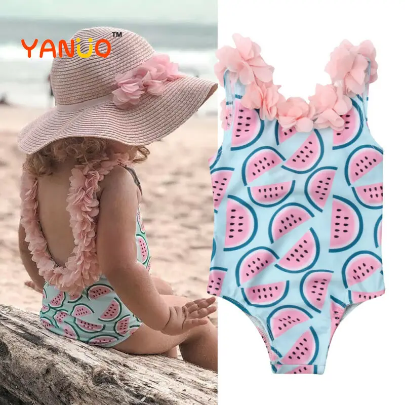 

Fashion Toddler Baby Girls Kids Sleeveless Watermelon Print Backless Flower Cute One-Piece Swimsuits Beachwear Bathing Swimwear