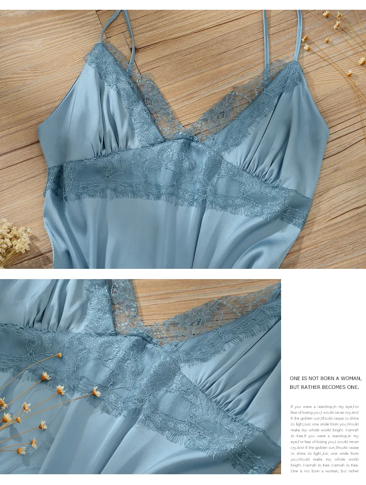 SP&CITY French Elegant Silk Satin Sexy Sleepskirt Exotic Deep V Sleepwear Women Camisole Solid Lace Floral Embroidery Nightwear