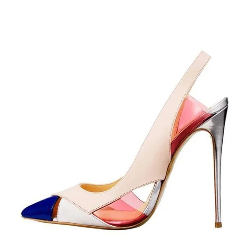 

Sexy Pointed Toe Slingback Stiletto Heel Pumps Cut-out Mixed Patchwork Dress Shoes High Heeled Party Banquet Shoes Drop Ship