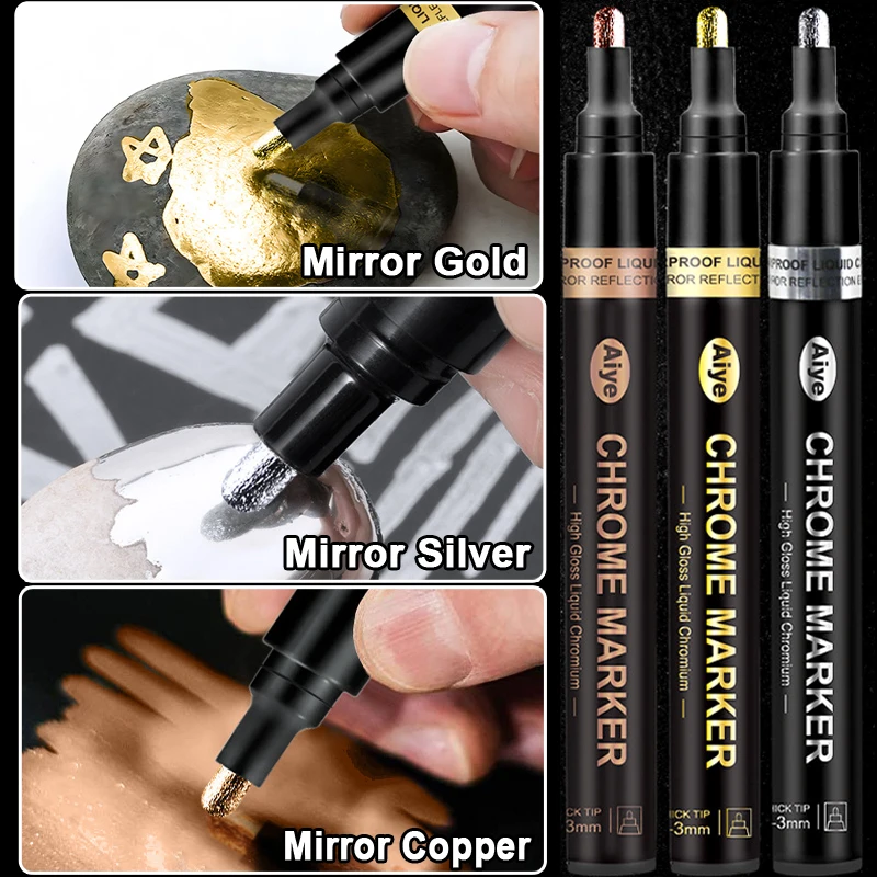 Gold Silver Copper Liquid Chrome Mirror Marker Pen DIY Resin Paint Mirror Chrome Metallic Craftwork Pen