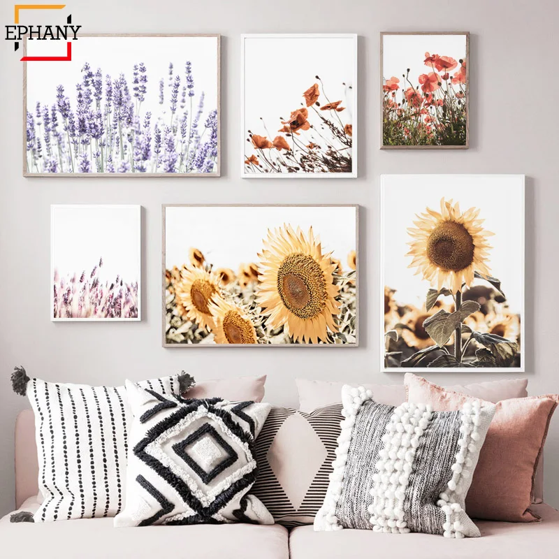 Настенный постер с розовыми маками и лавандовыми цветами скандинавский