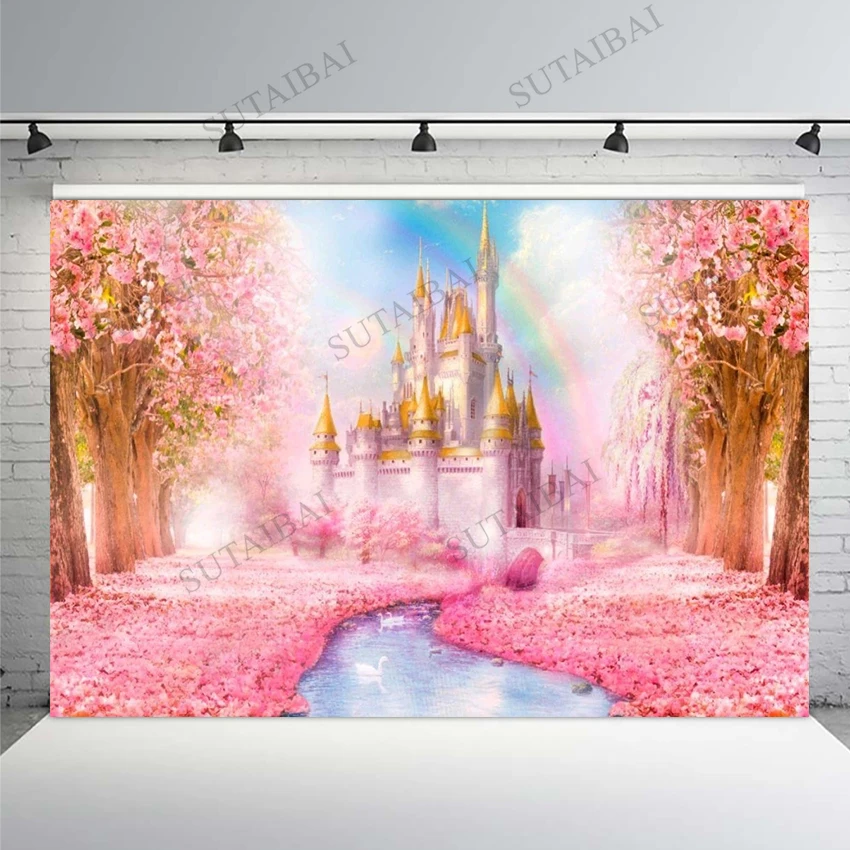 Enlarge Fantasy Pink Castle Palace Cherry Blossoms Tree River Rainbow Bokeh Baby Portrait Photo Studio Backgrounds Backdrop Photography
