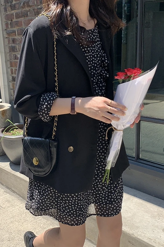 

FY001 Black v collar casual suit women's retro lazy wind loose jacket.