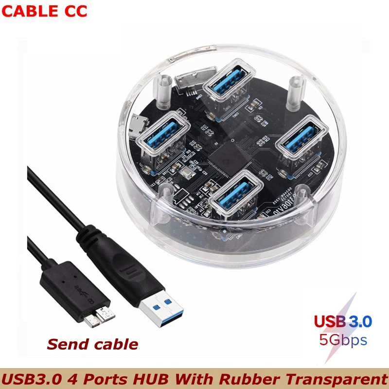 

1 шт. USB3.0 4-портовый концентратор с резиновым прозрачным источником питания для настольного ноутбука