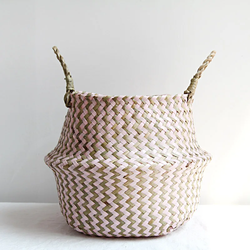 

Boho Decor Handmade Striped Wicker Storage Baskets Collapsible Laundry Basket Straw Patchwork Rieten Mand Seaweed Flower Basket