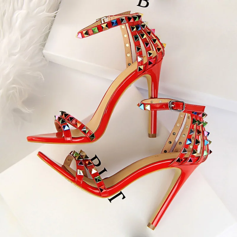 

2021 Summer Women11cm High Heels Rivets Studded Sandals Ladies Sandals Open Toe One Line with Hollow Out Color Rivet Sandals
