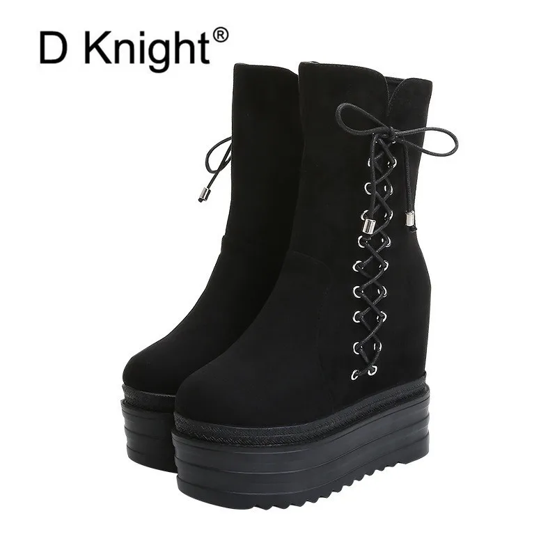 

Korean Black 13cm Super High-Heeled Zipper Ladies Platform Boots Punk Bow Tie Thick-Soled Ankle Boots High Heels shoes For Women