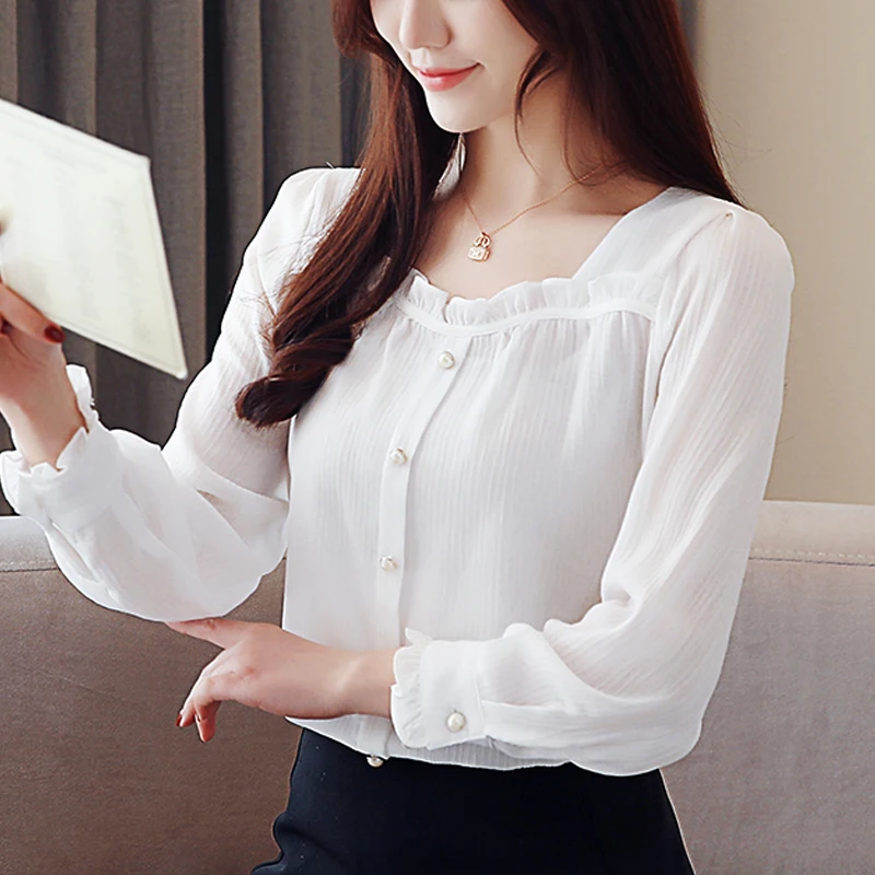 

2021 Women's Long Sleeve Shirts Fashion Chiffon New Korean Female Shirt Slim White Blouses Shirts Blusas Mujer De Moda