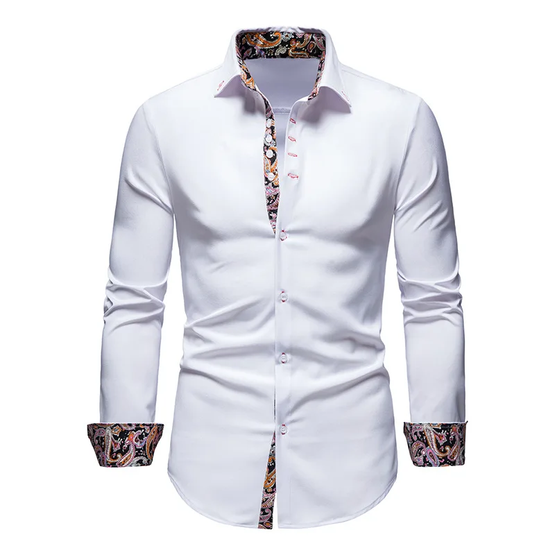 

Mens Splice Paisley Print Dress Shirts 2022 Brand Slim Fit Long Sleeve Shirt Men White Button Up Shirt Business Chemise Homme