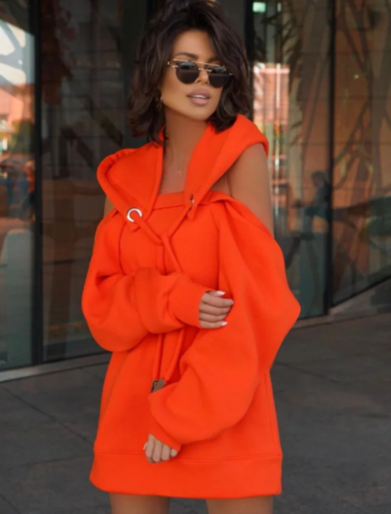 

Winter Autumn Tops Pure Color Long Splicing Women Off Shoulder Hooded Long Sleeve Hooded