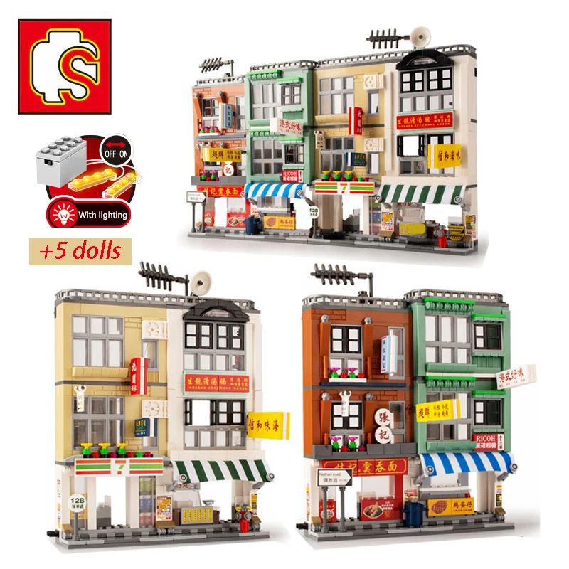 

SEMBO City Street View Retro Hong Kong Food Store Figures Building Blocks Creator Expert House Lighting Bricks Architecture Toys