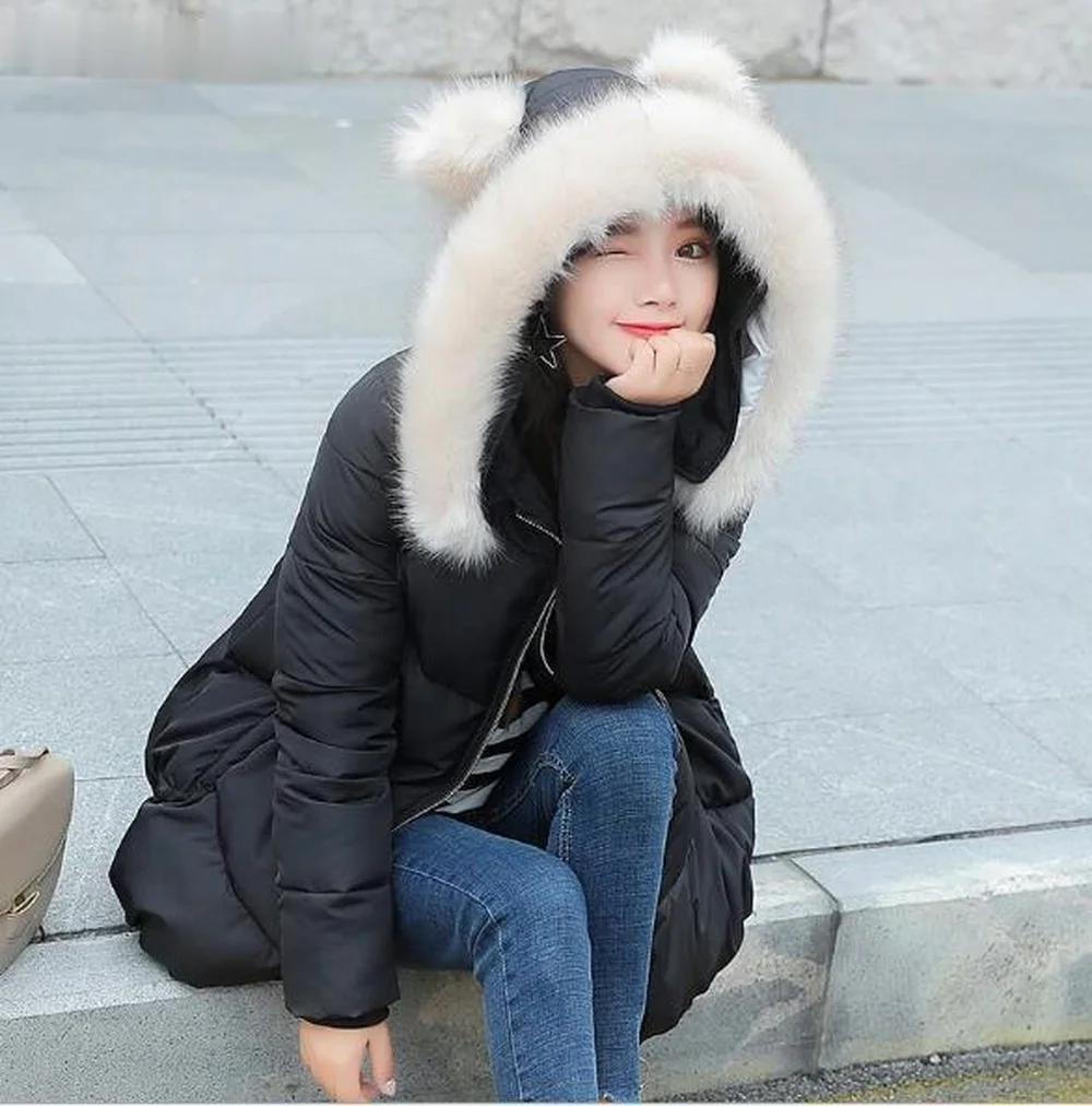 2021 Korea Outwear Faux Lamb Fur Coat Parkas Women Warm Winter OverCoat Black Faux Fur Collar Hooded Jacket New Fashion