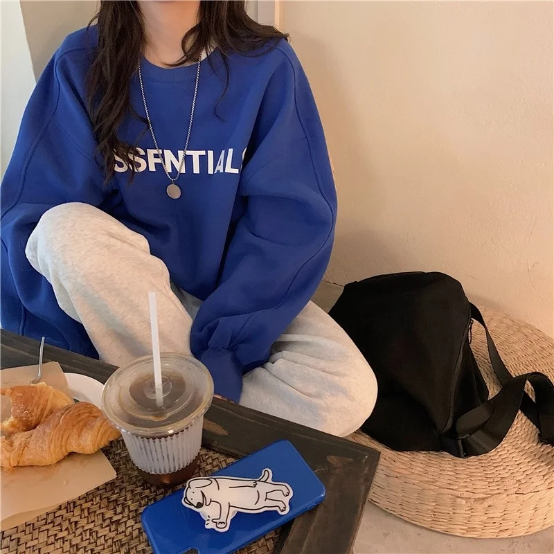 

Klein Blue Round Neck Sweater Women's Autumn Winter 2021 Plush Thickened Coat Lazy Wind Loose Top Rac
