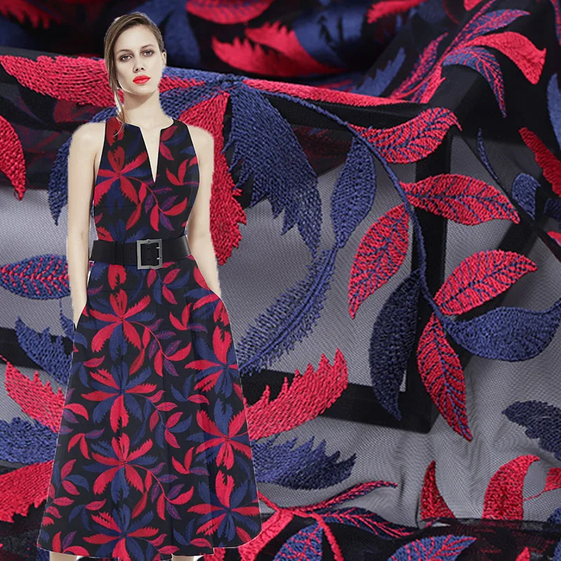 3D сетчатая вышитая ткань с листьями для летнего платья рождественское платье bazin