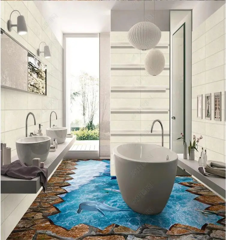 

Custom Picture Self-adhesive Flooring wallpapers Painting Underwater world wave dolphin mural 3D floor painting wall sticker