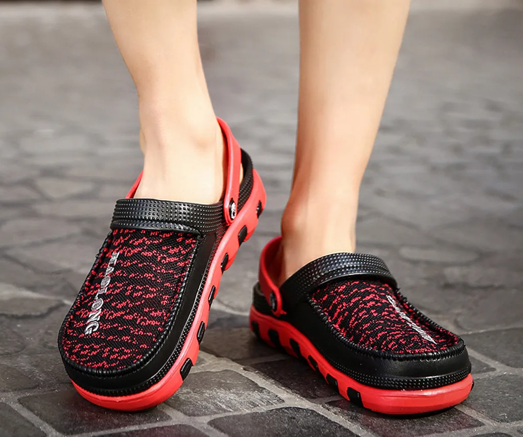 

Men's beach slippers solid hollow casual breathable flat bottom sports hole shoes two wear elastic waterproof slippers