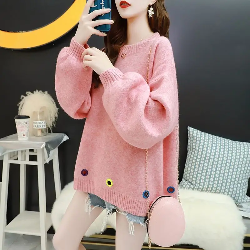 

Women 2022 Autumn Winter New Oversize O-neck Sweater Tops Female Loose Knitted Jumpers Ladies Solid Color Casual Tops E893