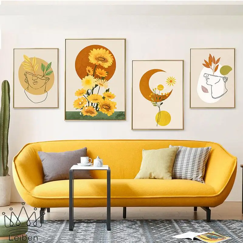 

Abstract Sunflower Leaf Plant Canvas Painting Nordic Orange Graffiti Wall Art Posters and Prints Home Decoration Living Room