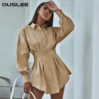ouslee summer simple women solid long sleeve mini dress casual turn down collar button loose dress female slim high waist party