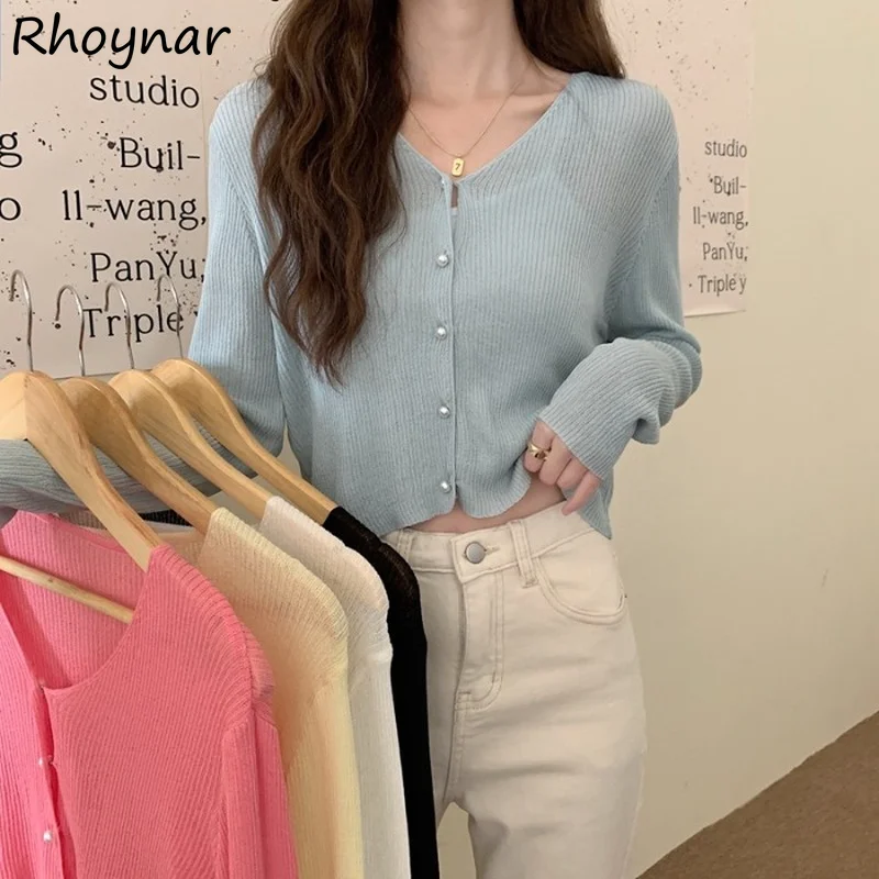 

Cardigan Women Knitted Summer Full Sleeve Cropped All Match Korean Style Sun Proof Loose College Sweater Fashion Street Female