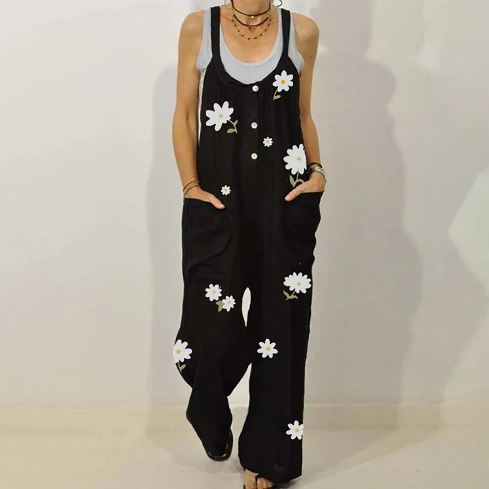 

2021 Women Summer Black Floral Print Harem Jumpsuit Women's Dungarees Vintage Overall Loose Linen Cotton Long Jumpsuit Trousers