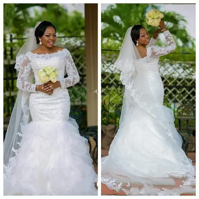 

Plus Size Wedding Dresses Bateau Neck Long Sleeves Mermaid Bridal Gowns Sheer Neck Ruffles Organza White African Bridal Gowns