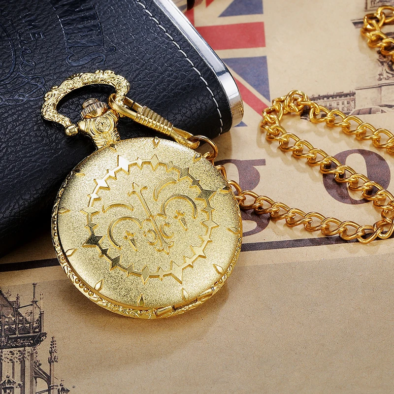 

2021 роскошные круглые золотистые кварцевые карманные часы в стиле стимпанк с цепочкой на поясе винтажные аниме Поклонники часы для косплея ...