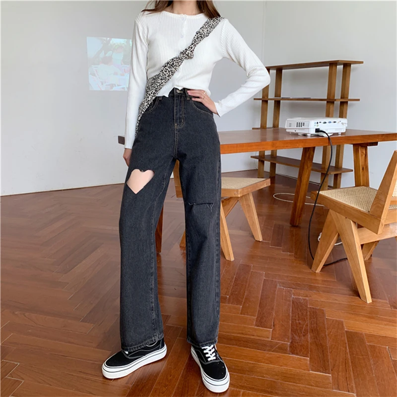 

New Jeans for Women Vintage Washed Jeans Loose Fashion Hole Jeans Harajuku Love Hollow Out Jeans Cotton Casual Wide Leg Pants
