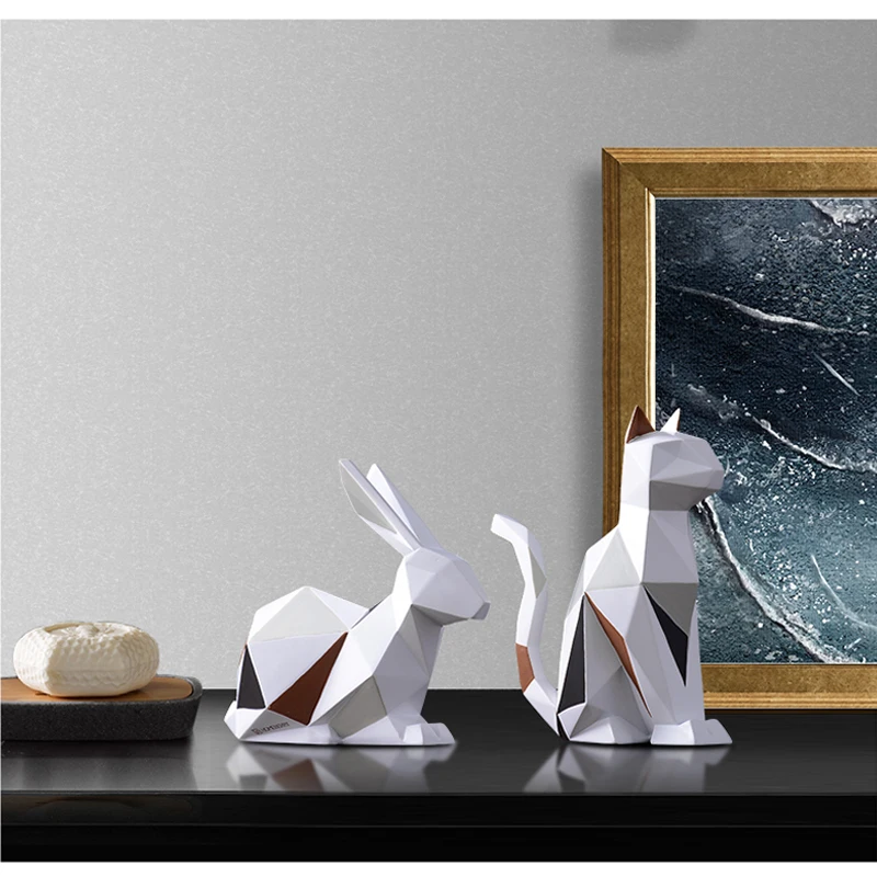 

Modern Resin Rabbit Cat Statues Sculpture Decoration Geometric Crafts Gift TV Cabinet Office Statue for Decoration Garden Statue