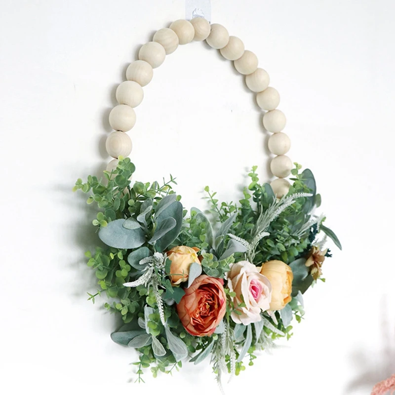 

Artificial Peony Wreath, Wood Beads Hoop Wreath for Front Door Wedding Party Wall Windows Farmhouse Home Decoration