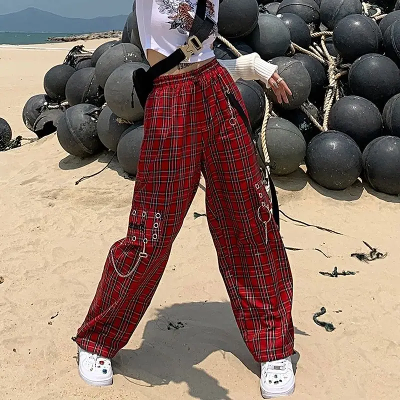 

Red Plaid Pocket Women Gothic Street Draw String Chain Eyelet Cargo Pant Punk Lady Cool Long Wide Leg Pant Korean Fashion Cloth