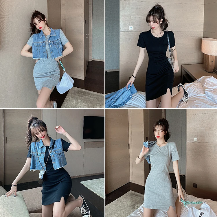 

Women Summer New Fashioin Sexy Slim Sheath Dress Short Bodycon Casual Mini Vestidos + Denim Single Breasted Vest Two Piece Set