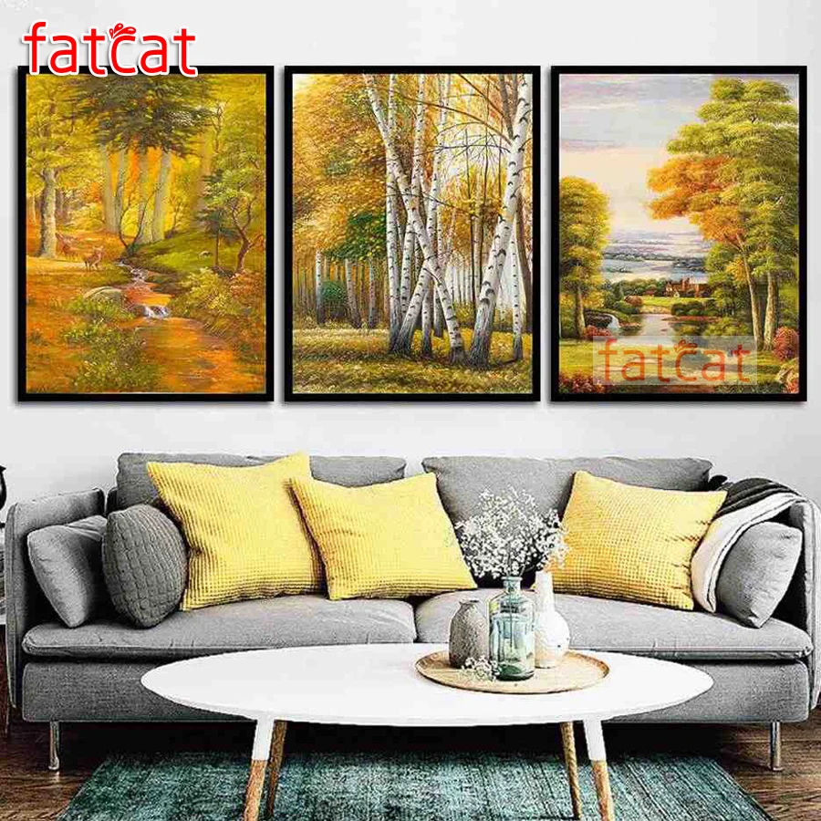 

FATCAT Autumn forest scenery diy 5d diamond painting full square round drill mosaic embroidery sale triptych kits decor AE2588