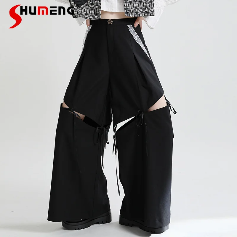 

2021 Early Autumn New Detachable Lace-up Cutout Frock in Black Loose High Waist Long Casual Wide Leg Pants Fashion