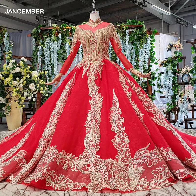 Женское длинное вечернее платье HTL814 красное формальное с высоким воротом и