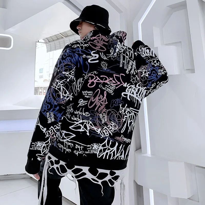 Япония Улица граффити печати толстовки хип хоп стиль Swag Tyga оверсайз черный белый