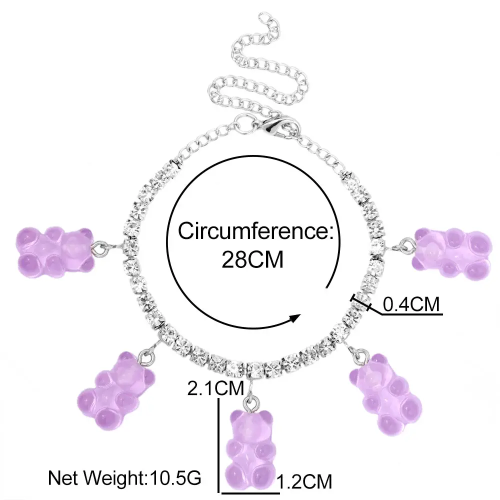 

Bohemian Color Acrylic Cute Bear Pendant Tennis Chain Anklet for Women Silver Crystal Anklet Bracelet 2021 Beach Party Jewelry