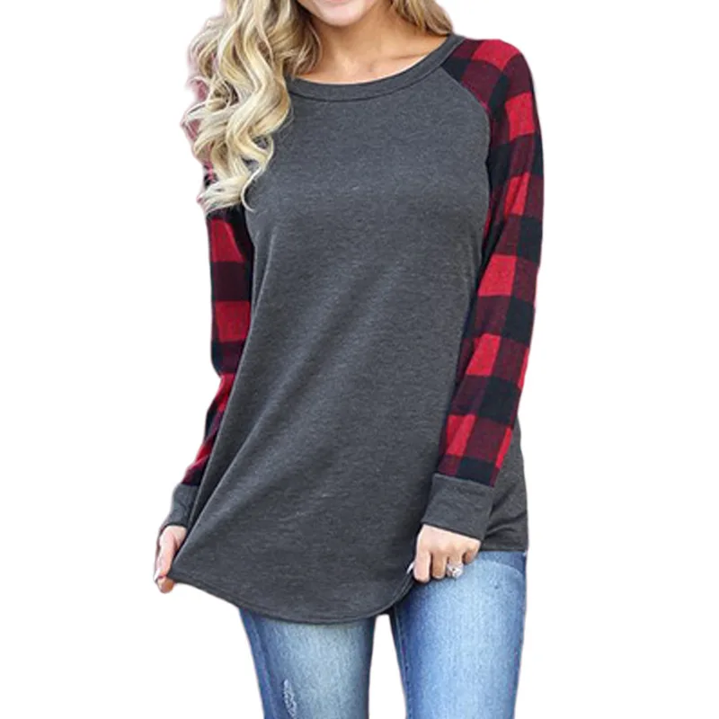 

Women T-Shirts Tops Bottoming Tops Plaid Printing Contrast Color Stitching Round Neck Loose Long-Sleeved T-Shirts