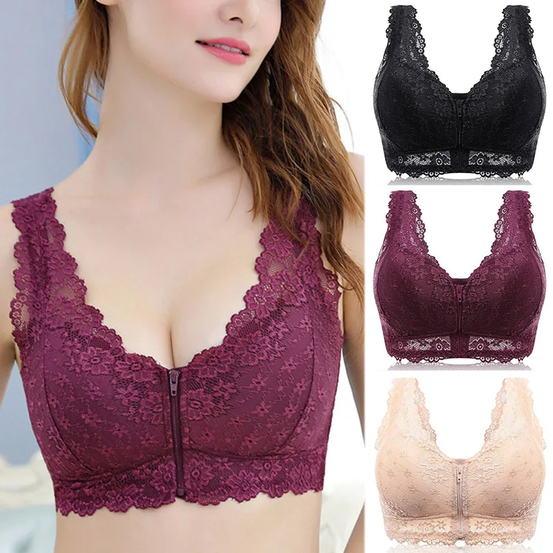 Регулируемый дышащий бюстгальтер на молнии спереди без косточек кружевной