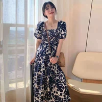 free color french fashion floral dress womens dress 2021 summer new bubble sleeve thin versatile skirt