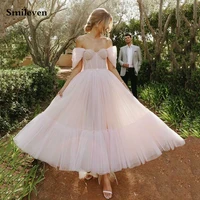 smileven light pink dotted tulle sweetheart short prom dresses a line tea length evening gowns off the shoulder party dress