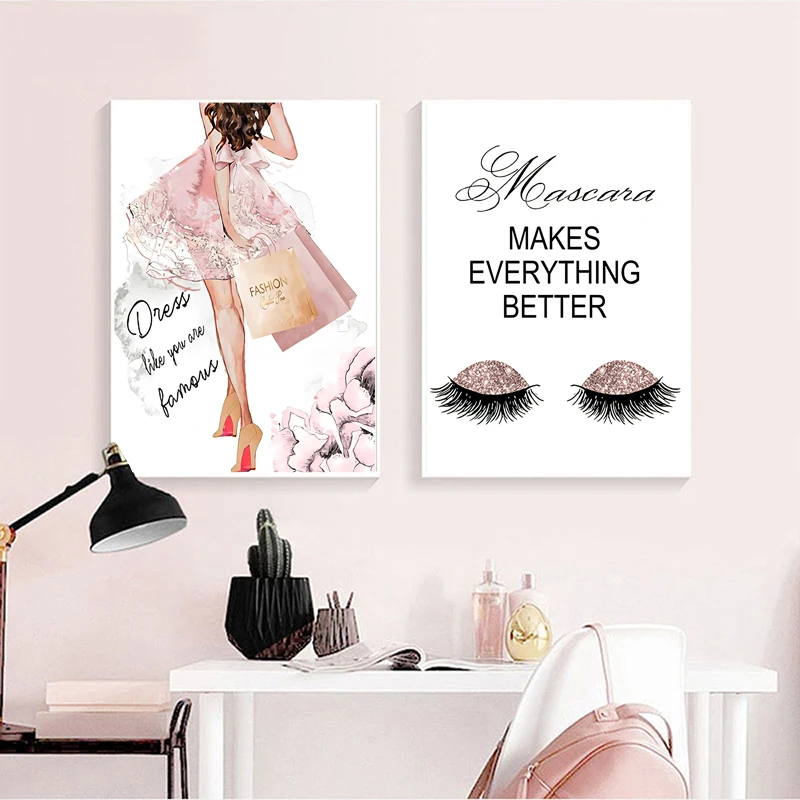 

Wall Picture Pink Flower Perfume Fashion Women Flower Poster Eyelash Lips Makeup Print Art Canvas Painting Girl Room Home Decor