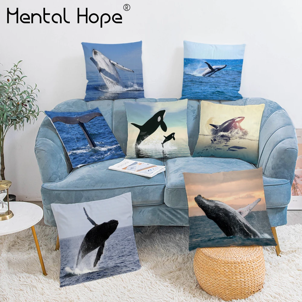 

Ocean Whale Printed Soft Cushion Cover Plush Sofa Throw Pillow Cover Home Decor Square Living Room Decorative Pillowcase