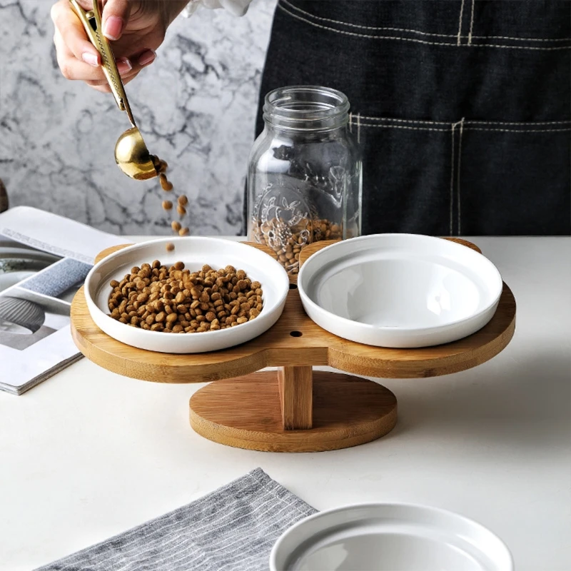 

Detachable Pet Ceramics Double Food Bowls Bamboo Holder Cat Feeder Puppy Dog Feeding Dishes for Eating Drinking