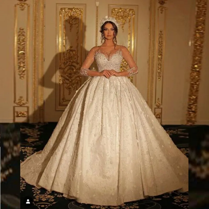 

Luxury Dubai Appliques Wedding Gowns Long Sleeves Vestido De Novia Saudi Arabia Bridal Gown Beads Puffy Ball Gown Pleat