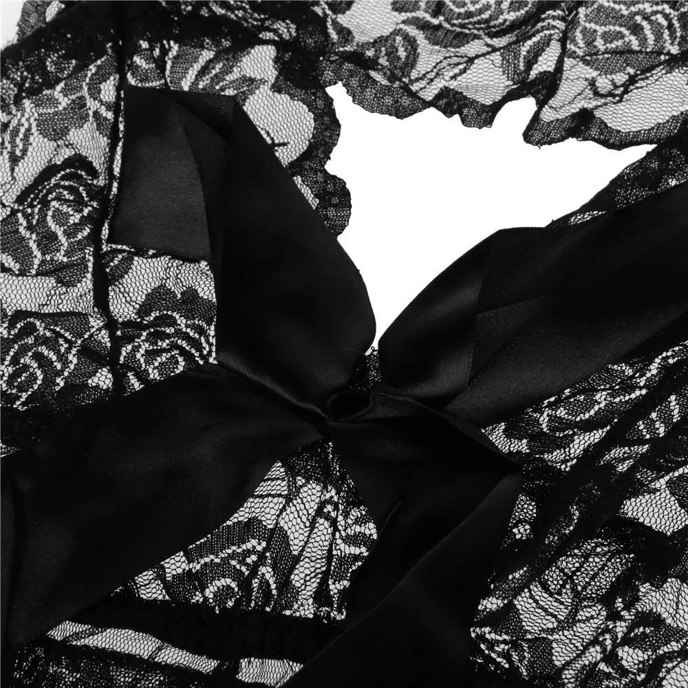 

Lingerie Super Sexy Jumpsuit See Through Low-cut Women's Lace Dress G-string T-back Black