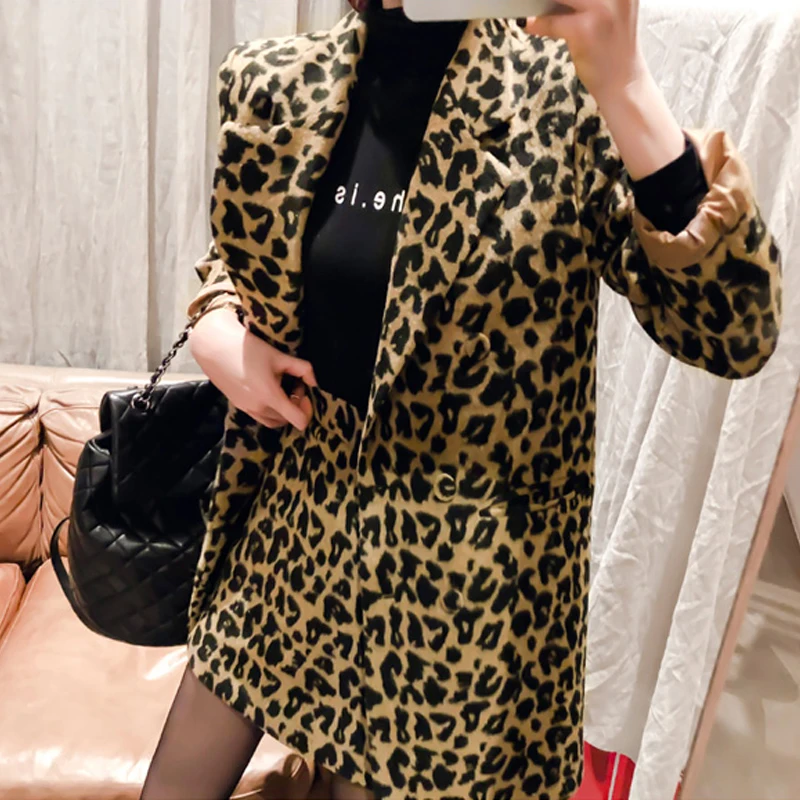 Корейский женский костюм размера плюс с леопардовым принтом Свободный Длинный