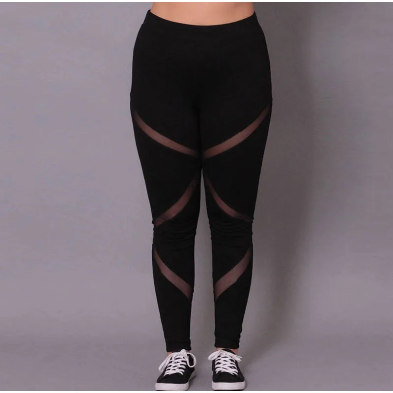 Плюс размер сексуальные леггинсы с контрастной сетчатой вставкой повседневные